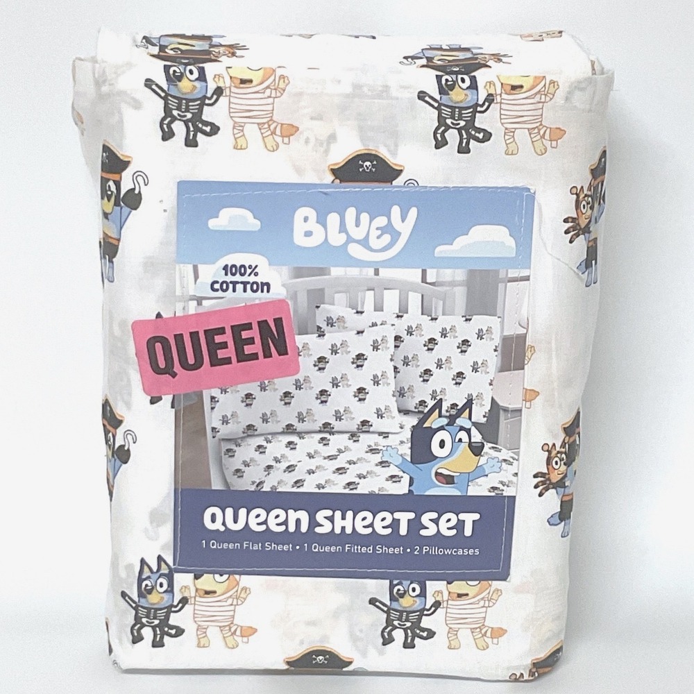 Bluey Halloween Queen Sheet Set 100% Cotton 4pc Pirate Mummy Skeleton White New